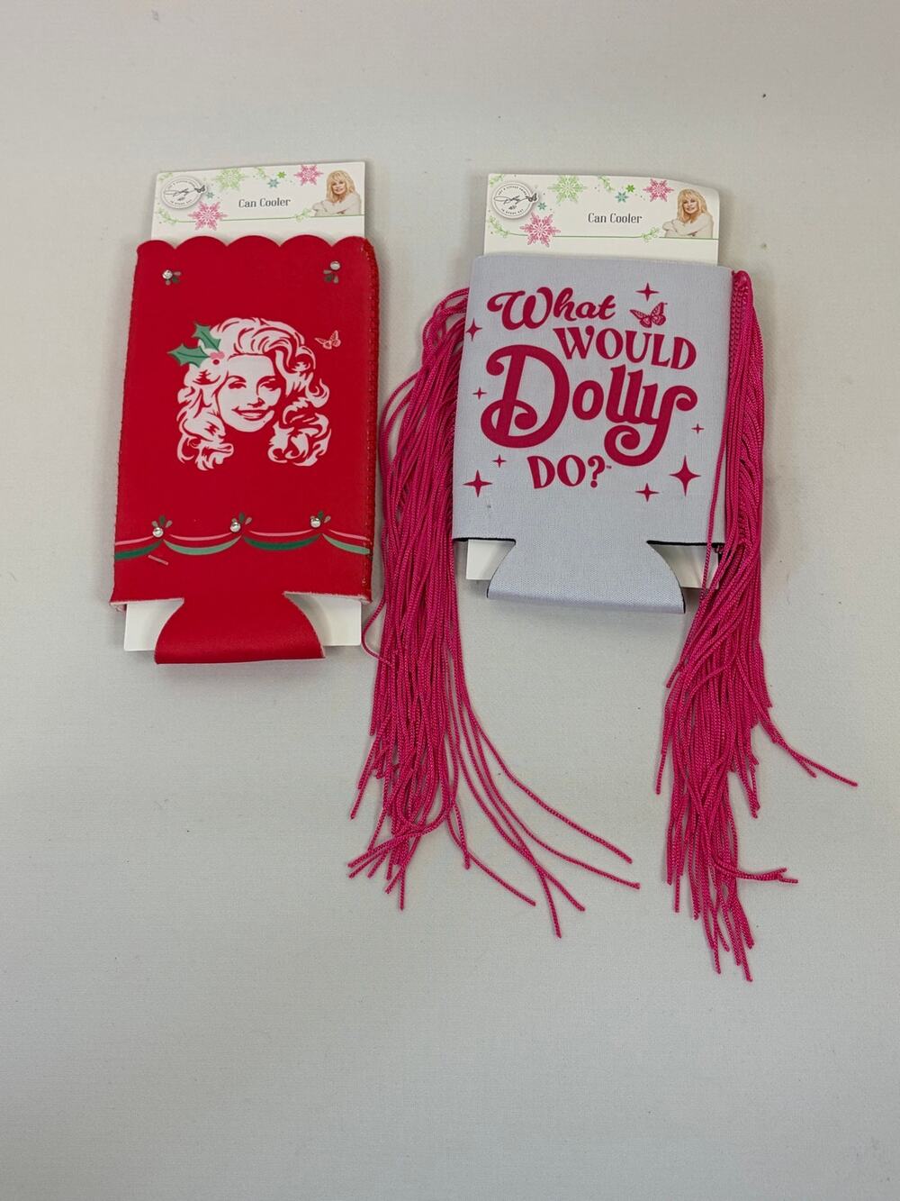 2 Dolly Parton Can Cooler Koozie White Pink Fringe What Would Dolly Do New Red